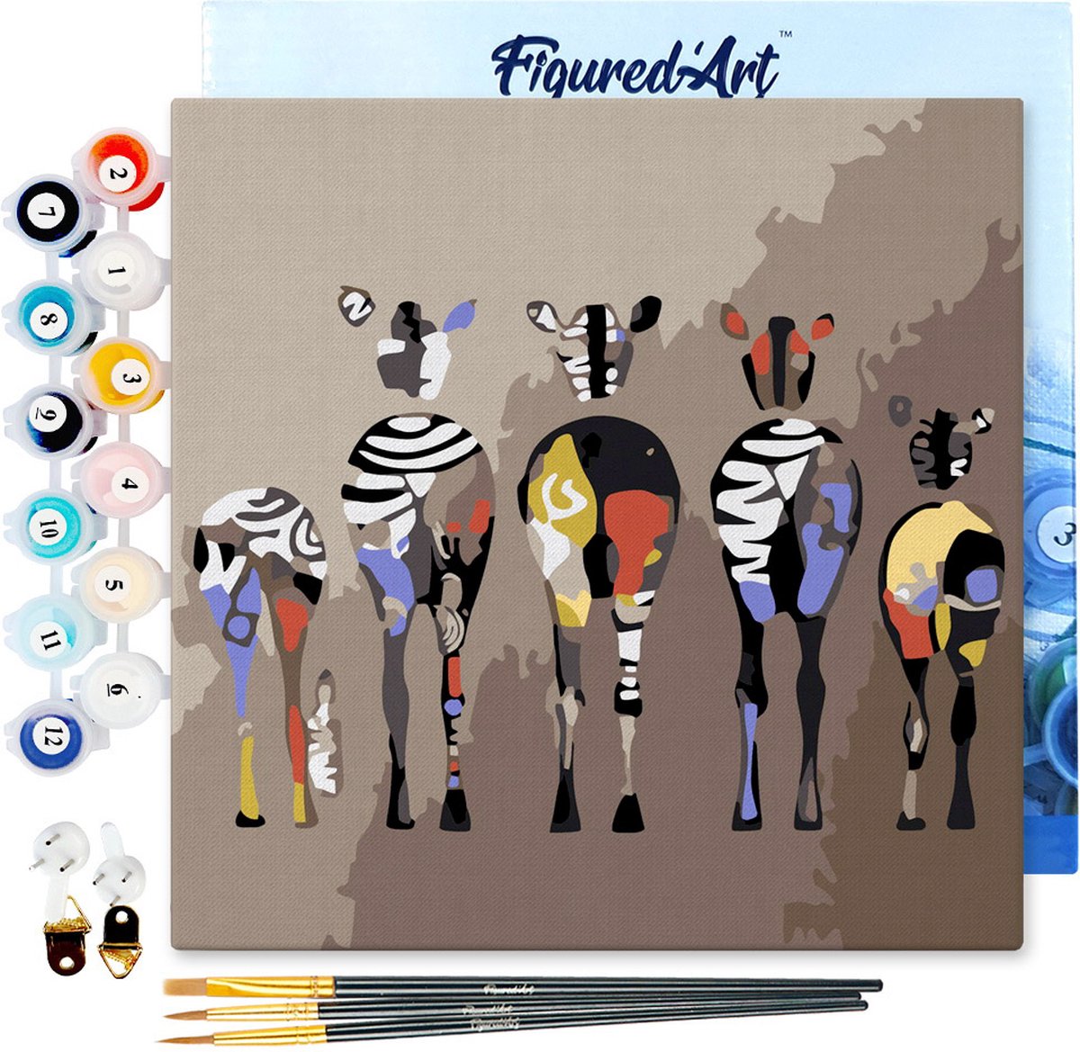 FiguredArt Mini Schilderen op Nummer Volwassenen 20x20cm met lijst Zebras van achter - Klein Formaat Creatieve Hobby Kit DIY Art Nummer Compleet